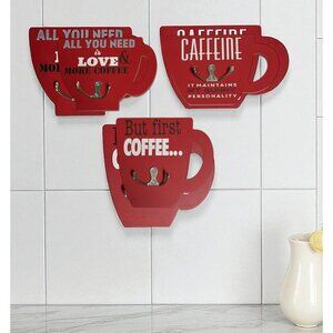 Set Of 3 Red Coffee-Themed Mug Wall Hooks With Quotes